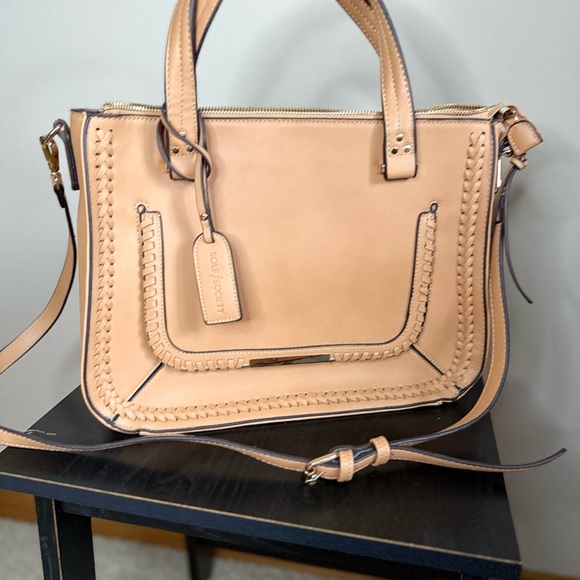 Sole Society Handbags - Sole Society Tan Satchel Crossbody Bag Whipstitch Faux Leather Camel Tote
